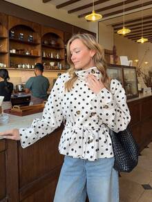 Women's Polka Dot Drawstring Loose Windbreaker Jacket, Casual Wear For Autumn & Winter Vacation - Apricot - View 5