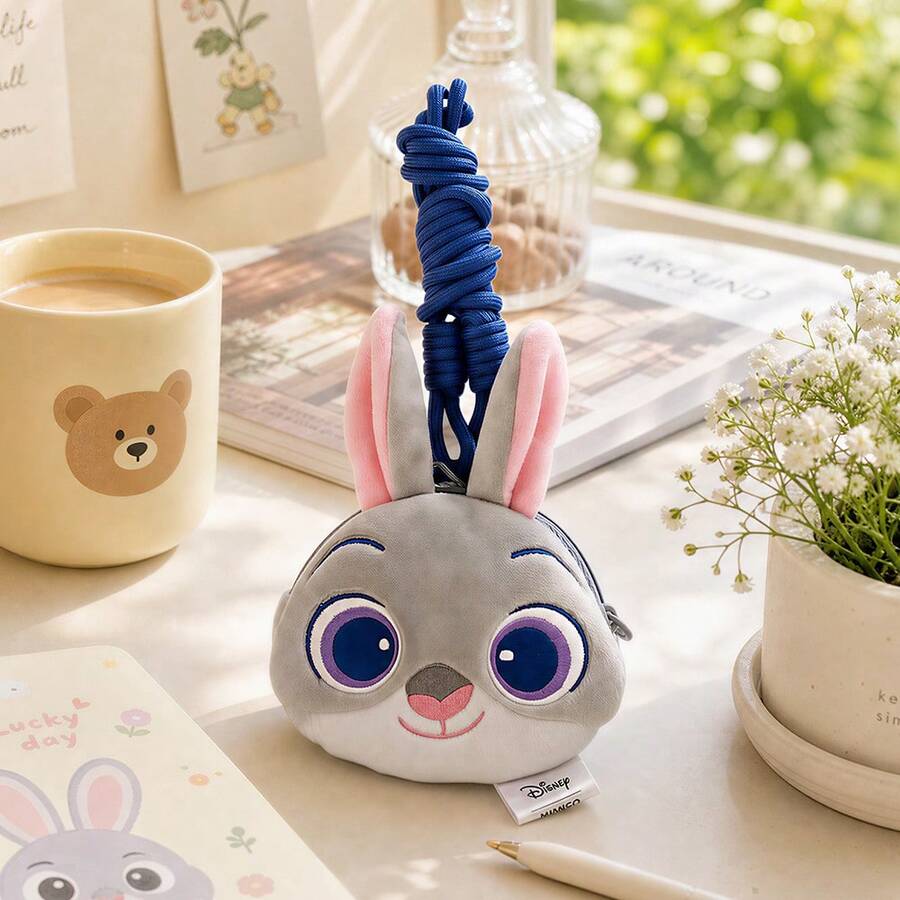 Miniso Authorized Disney Pixar Lotso Bear & Zootopia Plush Coin Purse, Multi-Purpose Mini Storage Bag, Wrist Strap Phone Lanyard Mini Bag, Soft Plush Earphone Case Keychain Wallet Phone Charm, Gift For Kids Girls - Light Grey - View 1