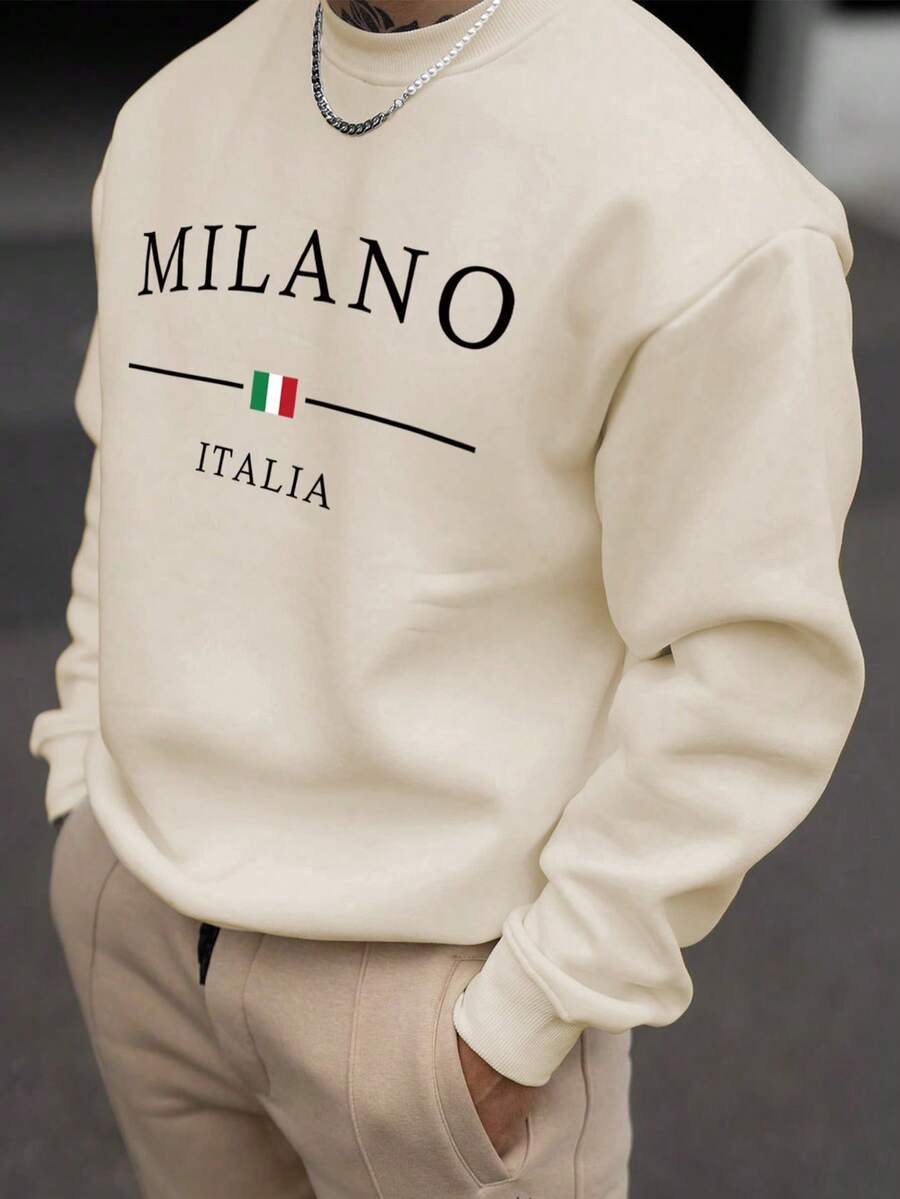 Men's Spring/Autumn Casual Fashion MILANO Print Crew Neck Sweatshirt - Apricot - View 1