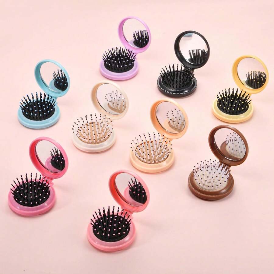 3pcs Foldable Travel Combs With Pocket Mirror, Multi-Color Round Design, Unisex, Portable Ball-Shaped Massage Brush Head, Foldable For Bag Storage, Suitable For Gym And Daily Styling, Exquisite Gift - Cushion Brush (Black Air Cushion) - View 1