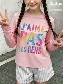 Autumn Girls Long Sleeve Tee With Colorful Sequin Letter Print "J'AIME PAS LES GENS" Y2K - Baby Pink - View 4