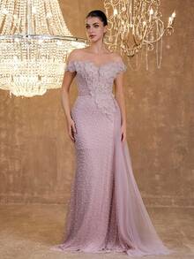 Sexy Off-Shoulder Asymmetrical Floral Embellished Sequin Bead Pearl Puff Embroidery Bodycon Fishtail Skirt Mesh Side Drape Evening Gown - Pink - View 5