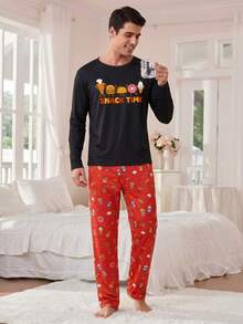 Men's Fun Home Set - Black Snack Cartoon Print Long Sleeve T-Shirt + Food Pattern Pants, Casual 2-Piece Pajama Set, Suitable For Relaxing At Home - Black - View 3