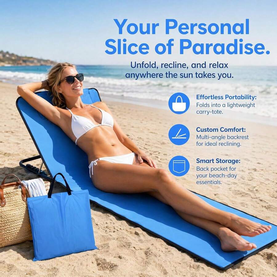 1 Pcs Portable Beach Chair Folding Beach Lounge Chairs For Adults With Back Support,5 Position Adjustable Mat Chair Lightweight Tanning Chair For Outdoor Sand Camping Sunbathing - A - View 1