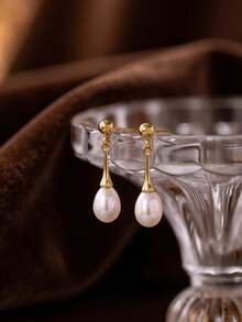 1 Pair Water Drop Pearl Earrings, 14K Gold Plated, Bridal Wedding Accessory, Suitable For Holiday Gift - Gold - View 8