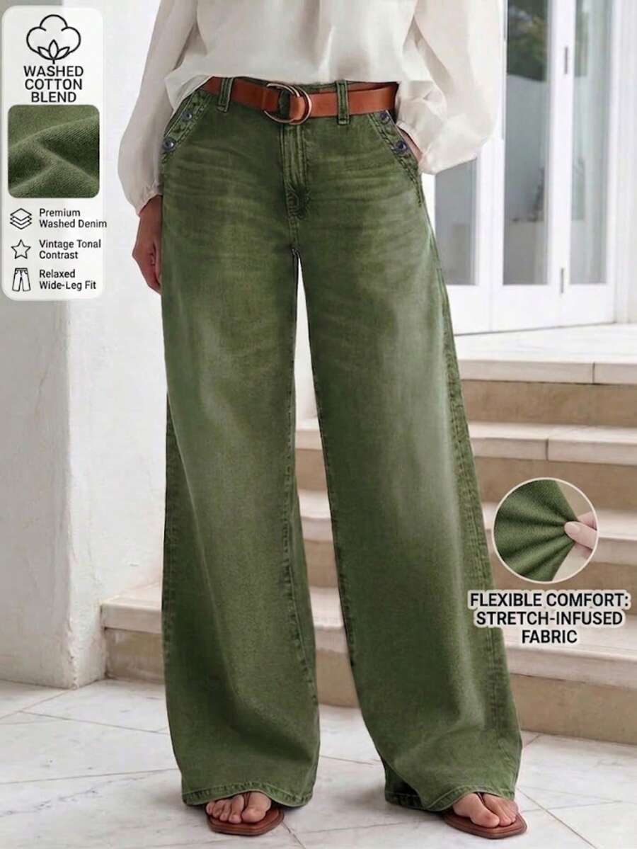 New Women's Loose Fit Wide Leg Casual Washed Denim Jeans - Green, High Quality Jeans Spring Fall - Army Green - View 1