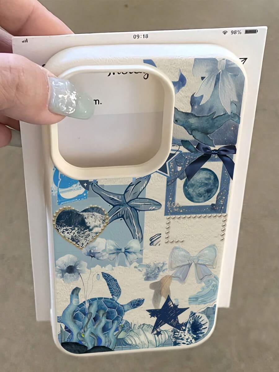 1pc White Matte Minimalist Lens Protection Blue Turtle & Starfish Collage Pattern Phone Case, Personalized Compatible With IPhone 16 Pro Max/17/16/15/14 Plus/13/12/11/Air And Series - Multicolor - View 1