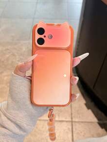 Casing Ponsel Motif Tie-Dye Blok Warna 3D dengan Telinga Kucing Lucu, Kompatibel dengan Apple 17, 16 Pro Max, 15, 14, 13, Perlindungan Penuh Anti Jatuh, Desain Premium - Jeruk - View 1
