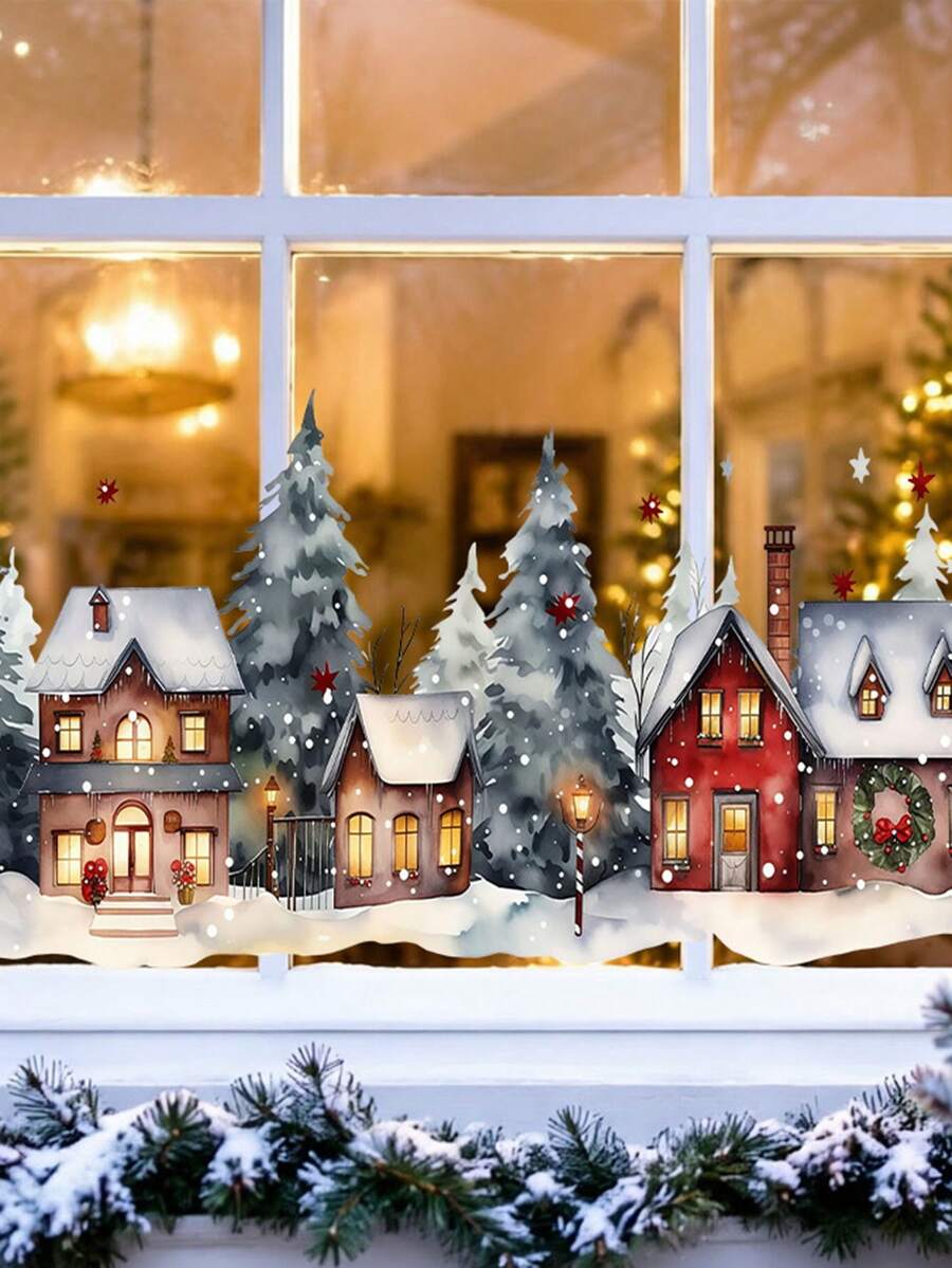 Comfortable Winter Watercolor Country Window Stickers, Snowy House Pine ...