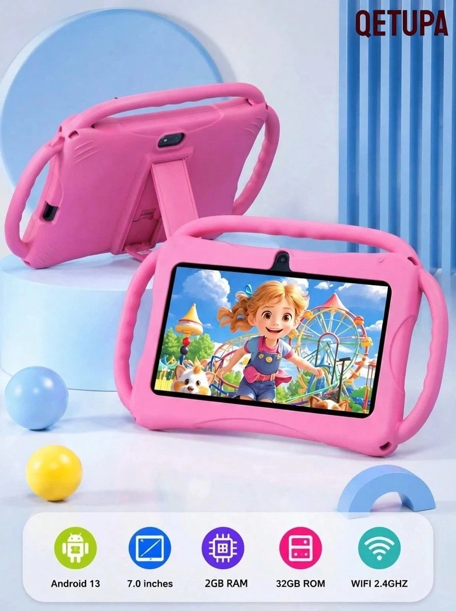 Qetupa Tablet Anak 7 Inci, RAM 2GB ROM 32GB Android 13 Tablet Balita dengan WiFi 2.4G, Perlindungan Mata, WiFi, Kamera, Kontrol Orang Tua, Aplikasi Pra-instal, Game Edukasi - Berwarna merah muda - View 1
