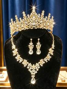 The Bridal Wedding Accessory Set Includes A Golden Crown, Necklace, And Earrings, Also Suitable For Wedding Dress Decoration And Party Occasions. - Multicolor - View 2