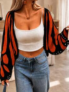 Yuwenier Vintage Butterfly Print Short Knit Cardigan Women's V-Neck Loose Long Sleeve Street Style Autumn/Winter Clothing Holiday Halloween Fall - Multicolor - View 3