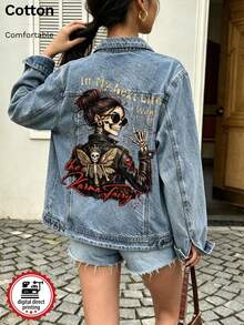 Women's Denim Jacket, Skull Graphic White Ink Direct-To-Garment Print, Vintage Washed Loose Fit Denim Jacket - Light Denim Blue - View 3