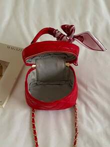 Handbag With Quilted Diamond Pattern And Scarf Accessory, Exquisite Storage With Zipper Closure, Suitable For Travel, Gatherings, Dates, Shopping, With Metal Chain For Multiple Carrying Ways, Elegant Box Handbag, Fashionable Small Bag For Various Outfit Styles - Red - View 7