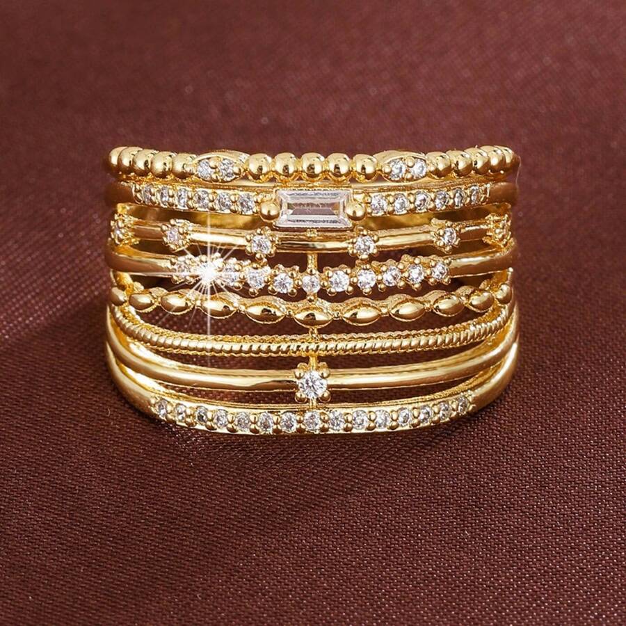 1pc Minimalist Geometric Parallel Lines Wide Band Design Cubic Zirconia Inlaid Fashion Ring For Women - Multicolor - View 1