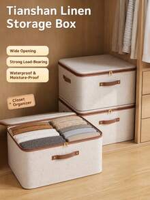 Linen‑Look Clothes Storage Box, Zipper Fabric Closet Organizer With Reinforced Handles, Dust‑Proof Storage Bin For Quilts, Sweaters, Shirts, Wardrobe Bedroom Tidying - Beige - View 1