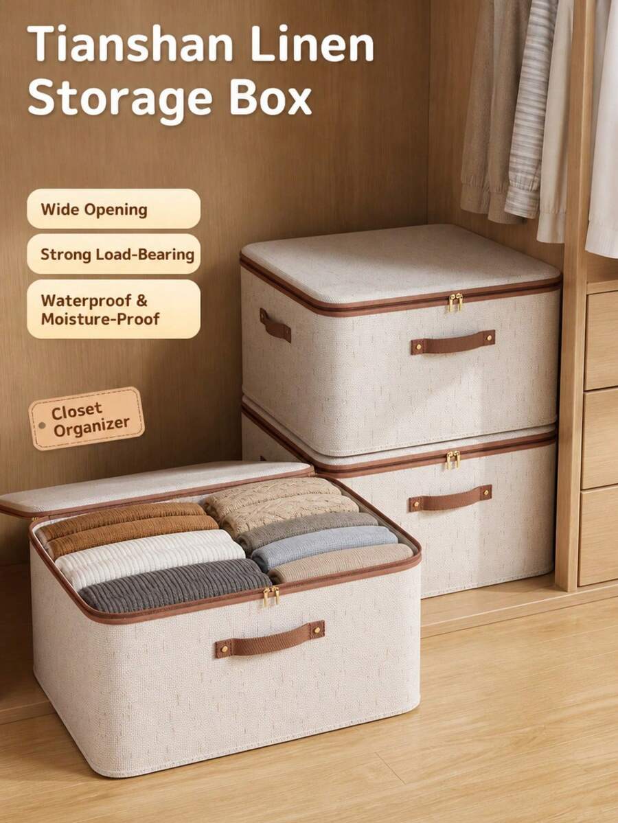 Linen‑Look Clothes Storage Box, Zipper Fabric Closet Organizer With Reinforced Handles, Dust‑Proof Storage Bin For Quilts, Sweaters, Shirts, Wardrobe Bedroom Tidying - Beige - View 1