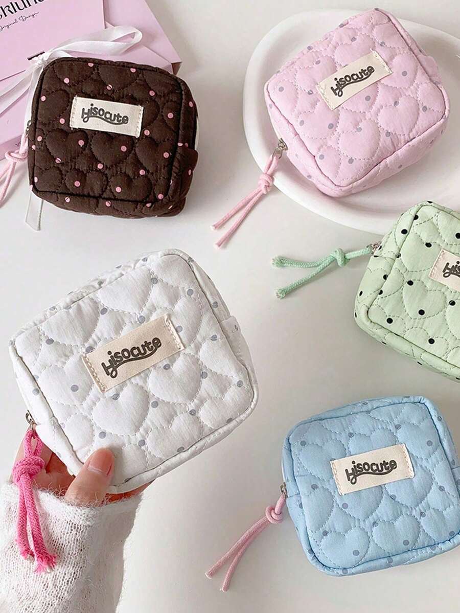Polka Dot Heart Mini Square Sanitary Pad Storage Bag, Polka Dot Pattern Mini Cosmetic Bag Sanitary Pad Storage Pouch, Women's Coin Purse, Multi-Functional Portable Toiletry Bag Wallet - Multicolor - View 1