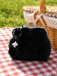 Sweet Plush Coin Purse, "Cute" Letter Bow Plush Ball Pendant Coin Purse, Women's Coin Purse, Portable Compact Coin Wallet - Multicolor - View 6