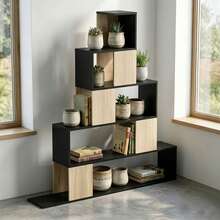 Geometrische boekenplank met 5 planken voor kantoor, woonkamer en slaapkamer, zwart en naturel hout - A - Bekijken 11