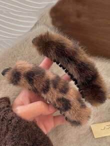 2/1pc Leopard Print Faux Fur Banana Hair Clip, Vintage Soft Plush Vertical Ponytail Clip, Autumn/Winter Thick Hair Women Hair Accessories Set, Versatile Autumn Vibe Hair Accessory - Multicolor - View 5
