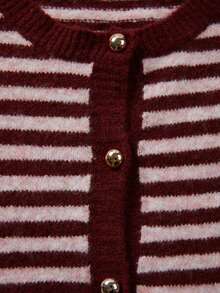 MORI Women's Y2K Comfortable Burgundy Striped Elbow Sleeve Round Neck Loose Knit Cardigan Sweater Button Up Top Autumn Fashion Outfit - Red and Pink - View 8