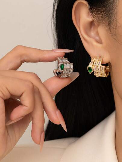 Light Luxury Fashion Zirconia Copper Inlaid Square Diamond Geometric Block Earrings, Heavy Work Snake Design Women's Earrings For Banquet