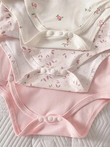 3 Sets Newborn Baby Girl Cute Light Pink Ditsy Floral Long Sleeve Romper Outfit, Soft And Comfortable, Suitable For Autumn School Wear - Baby Pink - View 8
