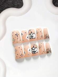 10 piezas de uñas postizas con tema de Halloween, estilo lindo hecho a mano, set de arte de uñas de polygel, uñas con calabaza, fantasma, negro & blanco con strass, estilo dulce & cool, incluye herramientas para uñas, 3 tamaños disponibles, forma almendra/pato/ataúd, adecuado para fiesta, baile, uso diario - Multicolor - Ver 2