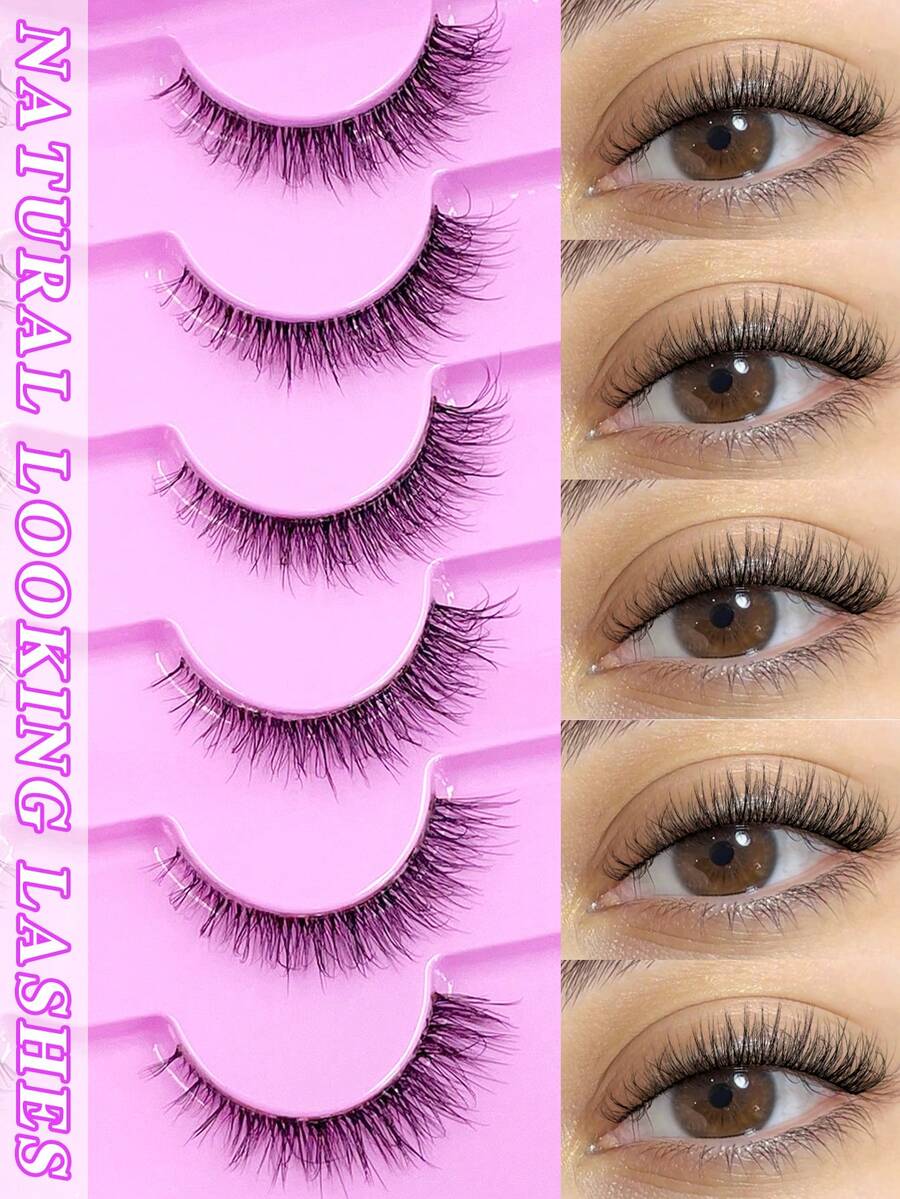 ENCHUW 6 Pairs Natural False Eyelashes Wispy Cross Eyelash With Clear Band Soft Natural Look Eye Lashes Extension - Black - View 1