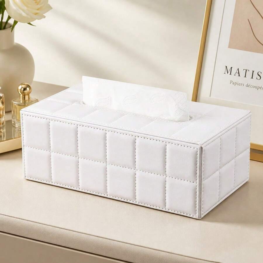 Black PU Leather Tissue Box Cover With White Geometric Rectangular Design For Large Tissue Paper Extraction Home Bathroom Decor Bathroom Organizer Fall Decor Back To School - White - View 1