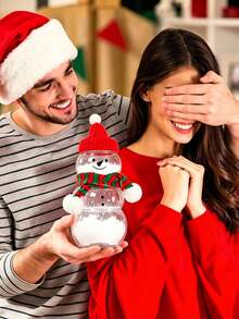 1 Set Transparent Snowman Shaped Plastic Storage Canister With Hat And Red & White/Red & Green Striped Scarf, Suitable As Christmas Party Favor, Christmas Table Decor, Christmas Dessert Table Decoration Or Afternoon Tea Party Gift - Multicolor - View 3