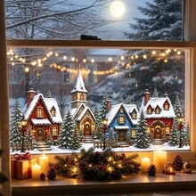 1/3 Stücke Winterdorf Schneeszene Hütten und Lebkuchenstadt Fensteraufkleber, doppelseitig sichtbare PVC elektrostatische Adsorptions Glasaufkleber, geeignet zum Dekorieren von Wohnzimmern, Schlafzimmern, Cafés und Restaurants. - Verschiedenfarbig - Übersicht 10