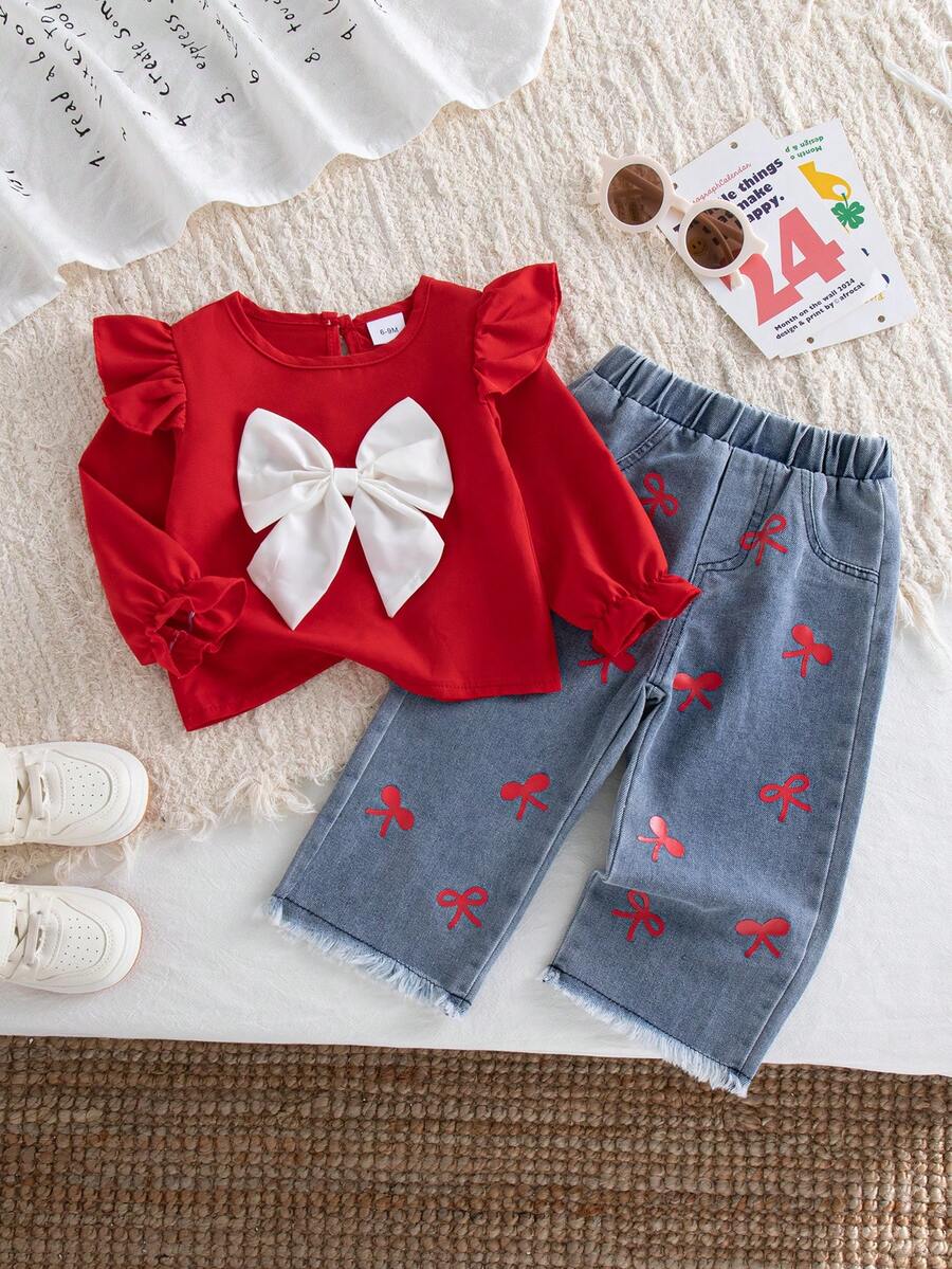 Autumn/Winter Baby Girl Cute Bright Red Flutter Sleeve Big Bow Top With T-Print Small Red Bow Frayed Hem Denim Jeans, Stylish Versatile Outfit Set - Red - View 1