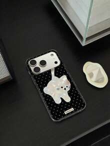 1pc Black Background White Polka Dot Holographic Shell Melting Cat Cartoon Pattern Metal Frame Glossy Anti-Fall Soft Case Full Lens Protection Phone Cover Suitable For 11/12/13/14/15/16/17/18 Korean Cute Ins Style Full Protection Case - Multicolor - View 4