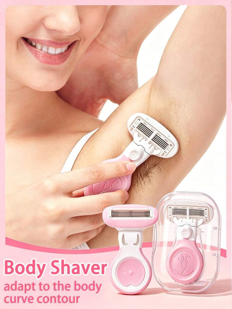 Women's Full Body Shaver, Manual Razor, Bikini Hair Removal Tool, Rubber Handle, Comes With Travel Storage Box, Easily And Painlessly Remove Hair From Legs, Bikini Area And Underarms, Gentle Care For Sensitive Skin, Dry And Wet Use, Ergonomic Handle Design, Portable (Storage Box Color Random) - Multicolor - View 1