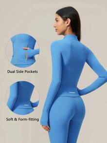 TimeOff Women's 1pc Solid Color Stand Collar Zipper Jacket With Side Pockets And Thumb Holes, Autumn/Winter - Blue - View 3