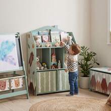 Kinderopbergmeubel, kinderboekenkast met open planken en 2 stoffen lades, MDF, groen - A - Bekijken 3