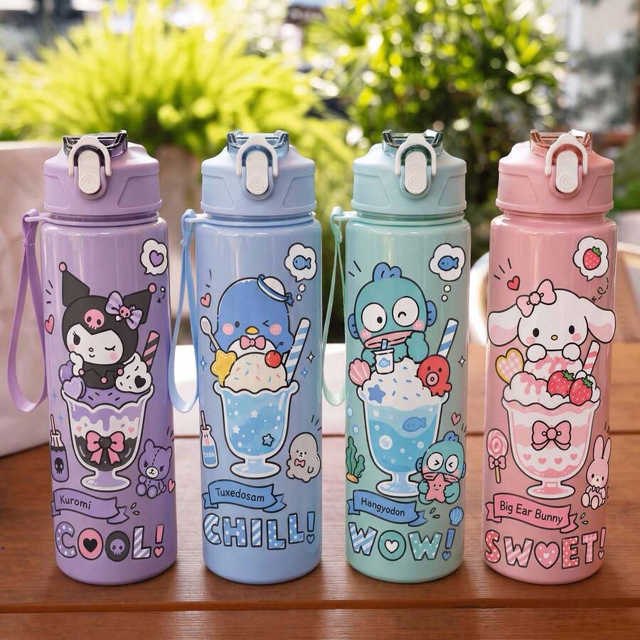 1pc Cute Cartoon Water Bottle, Leak-Proof Plastic Sports Water Bottle, Adorable Personalized Gift, Suitable For Outdoor Hiking, Back To School Season Thoughtful Gift For Friends, Holiday Gift Choice, Also Applicable For School Or Office Use, Excellent Gift Choice. - Multicolor - View 1