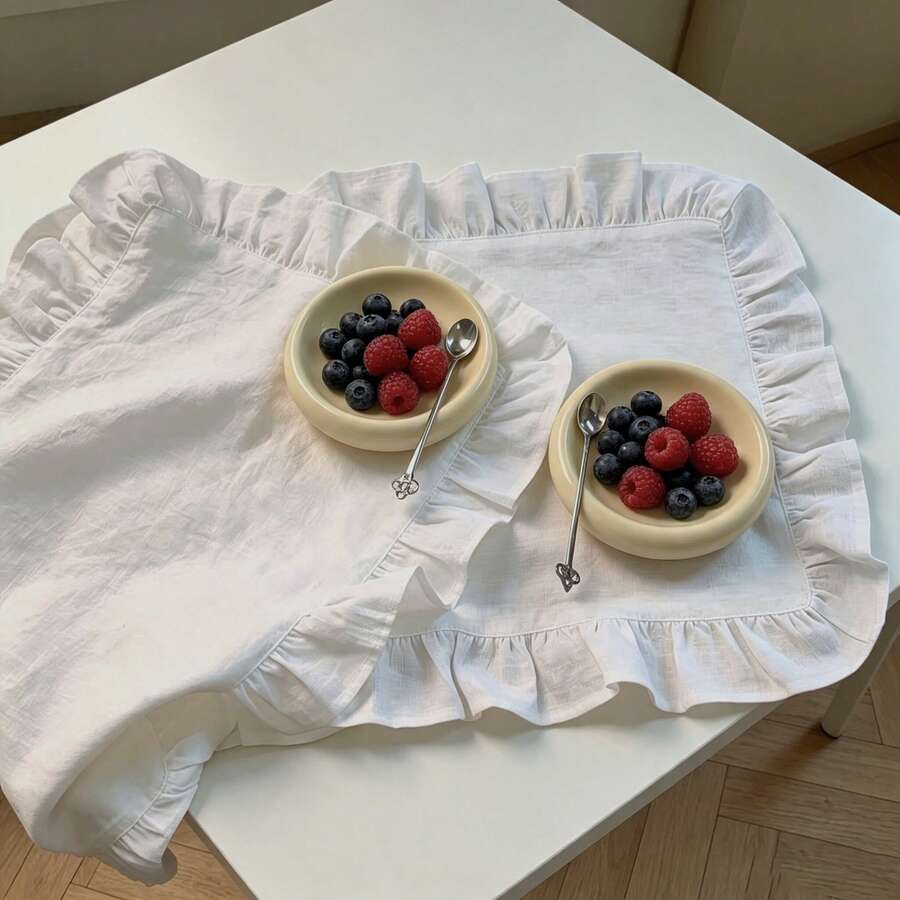 1片/2片/6片法式白色竹紋雙色荷葉邊餐墊,Ins風少女花卉蕾絲小餐巾,多功能防塵桌布 - 彩色 - 查看 1