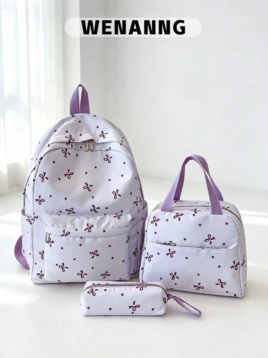 3pcs/Set Casual Collegiate Bow Print Backpack Set, Includes Backpack, Lunch Bag, Crossbody Bag & Pencil Case, With Laptop Compartment, Adjustable Straps, Multi-Pockets, Multi-Functional Daily Backpack Set, Suitable For Women/Girls/Teens/College Students/Graduates, Everyday Use/Vacation/Travel/Back To School, Cute Bow Backpack, Back To School Essential, College Backpack, College Must-Have , Purple - Purple - View 1