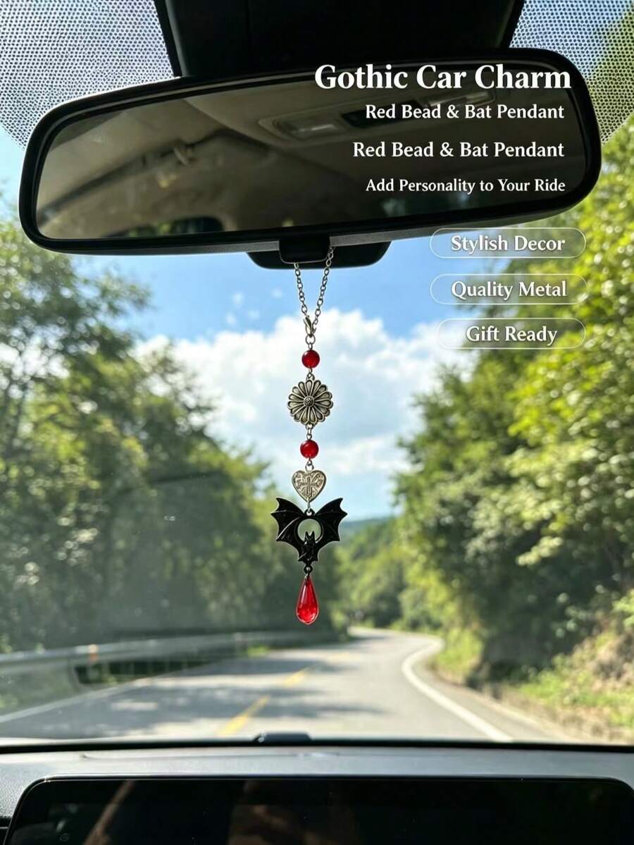 Pingente de Espelho Retrovisor de Morcego Escuro, Ornamento Pendurado de Decoração de Carro com Conta Vermelha de Margarida Vintage, Charme de Espelho Retrovisor de Morcego Gótico, Pingente Pendurado de Interior de Carro com Conta Vermelha de Margarida em Forma de Coração e Gota de Água - Flor de Morcego - Visão 1