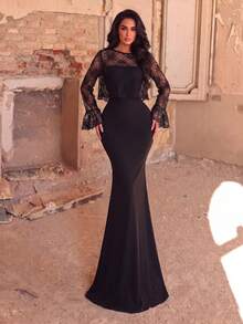 Elegant Black Long Mermaid Skirt With Contrasting Lace And Bell Sleeves, Romantic Round Neck Formal Gown - Black - View 6