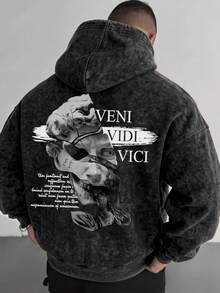 Black Gray Washed Tie-Dye Broken David Statue Back Latin Slogan Hoodie Sweatshirt Men's Loose Fit With Hood - Black - View 1