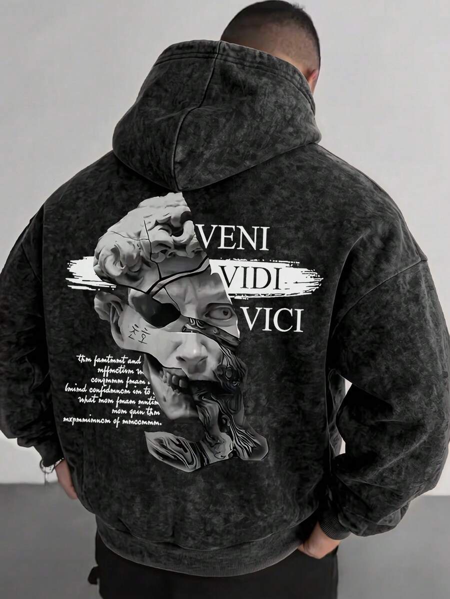 Black Gray Washed Tie-Dye Broken David Statue Back Latin Slogan Hoodie Sweatshirt Men's Loose Fit With Hood - Black - View 1