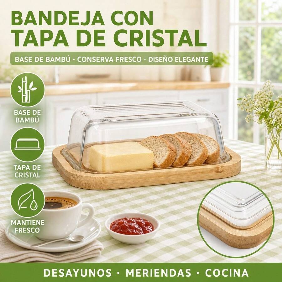Cake And Butter Box With Natural Bamboo Base And Glass Lid, Kitchen Storage Container For Pastries, Size 14.5x19x6.5 Cm - White - View 1