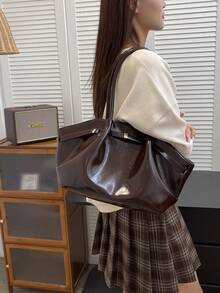 1件咖啡棕夏季新款金屬五金飾帶大容量純色PU托特包女款單肩包 - 咖啡棕 - 查看 4