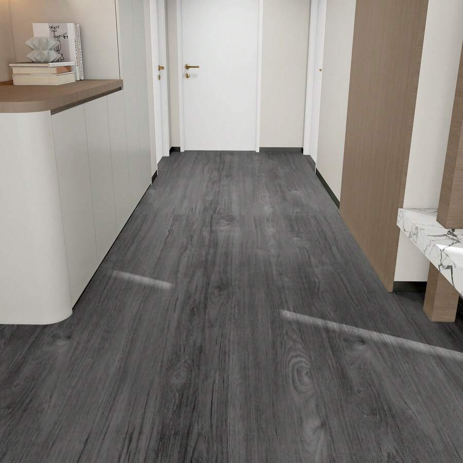 1 Roll Dark Gray Wood Grain Self-Adhesive Floor Sticker, 40cm (15.7in) Wide Waterproof Anti-Slip Vinyl Flooring, Removable And Trimmable For Living Room Bedroom Decor