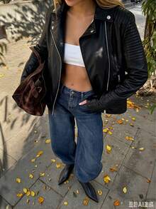 Risissida Women's Short Faux Leather Biker Jacket - Asymmetric Zipper, Stand Collar Design, Creating Avant-Garde Casual Street Style, Suitable For Autumn/Winter Wear Spring - Black - View 4