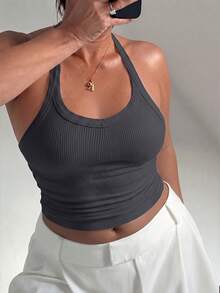Plus Size Sexy Minimalist Ribbed Spaghetti Strap Fitted Camisole, Suitable For Daily, Commute, Street, Date, Workout Casual Summer - Grey - View 2